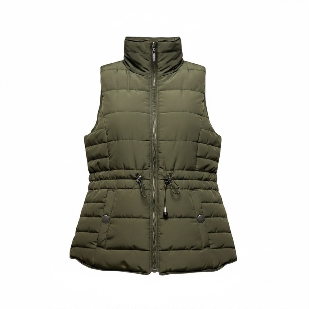 Copper Key Puffer Vest Women/Jrs Small Olive Green Quilted Faux Fur Trim Capsule
